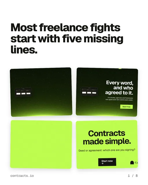 Carousel for contracts.io: "Most freelance fights start with five missing lines.". Collection carousel, 8 slides, light palette.