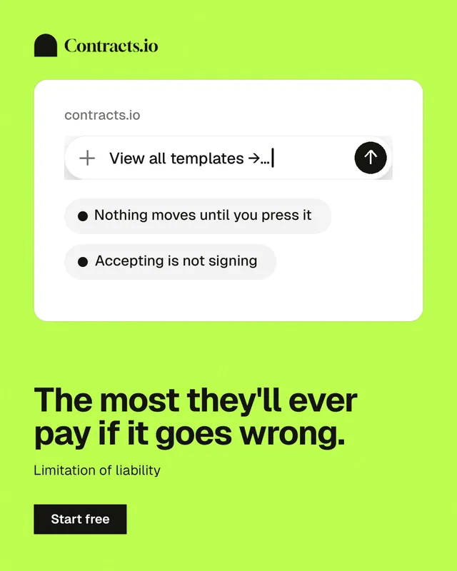 Instagram portrait post for contracts.io: "The most they'll ever pay if it goes wrong." Swiss style, bottom layout, light palette in white, green.