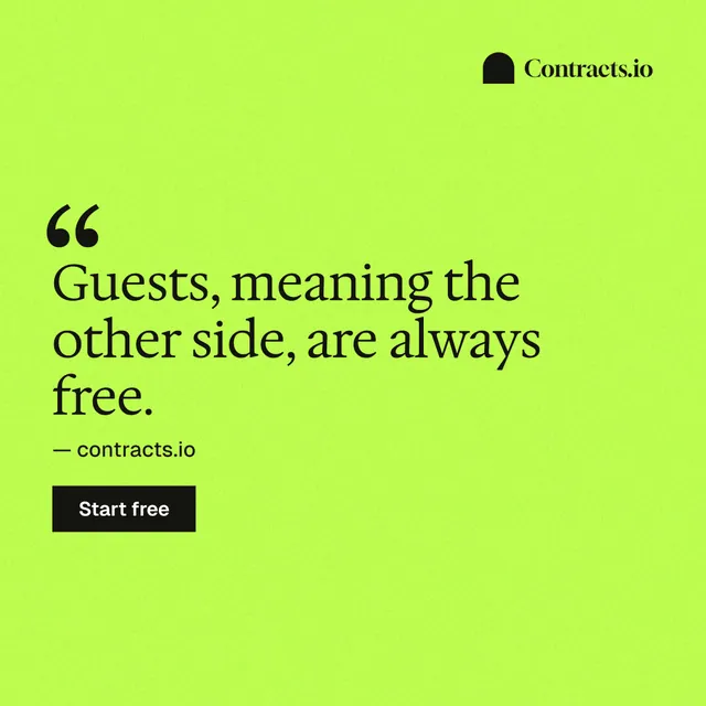 Instagram post for contracts.io: "Guests, meaning the other side, are always free." Swiss style, quote layout, light palette in green.