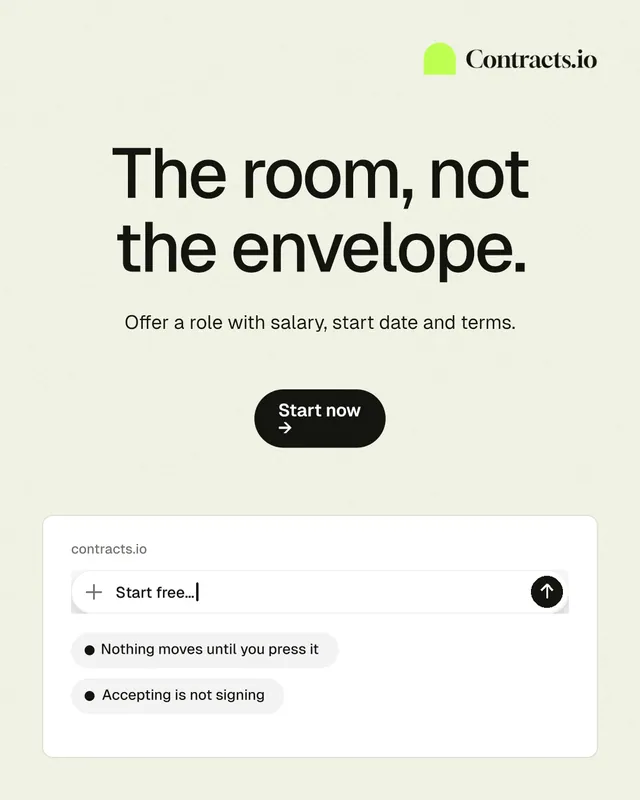 Instagram portrait post for contracts.io: "The room, not the envelope." Data card style, centred layout, light palette in white, grey.