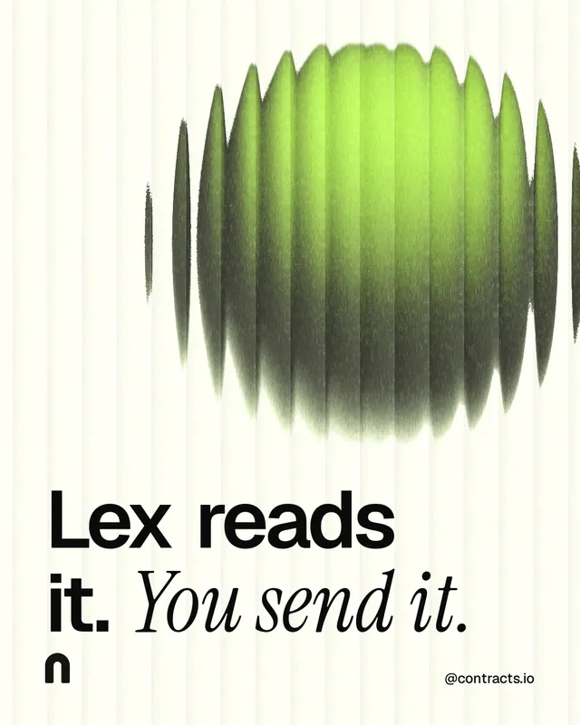 Instagram portrait post for contracts.io: "Lex reads it. You send it." Auto 4x5 style, technique:shader field layout, light palette in white, grey, green.