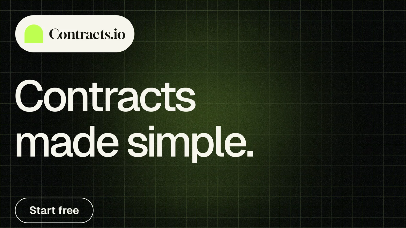 Landscape graphic for contracts.io: "Contracts made simple." Phosphor atlas style, announce layout, dark palette in black, grey.