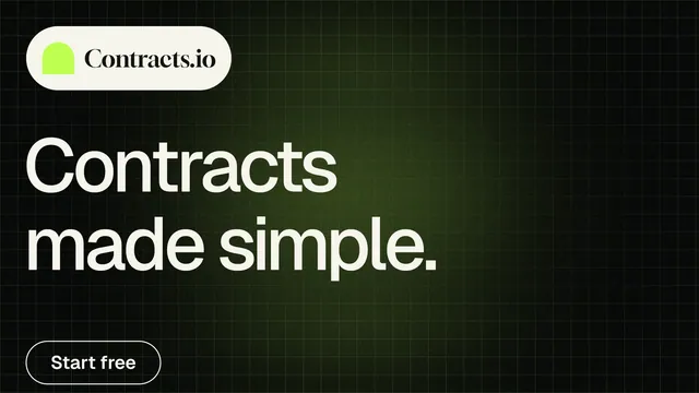 Landscape graphic for contracts.io: "Contracts made simple." Phosphor atlas style, announce layout, dark palette in black, grey.