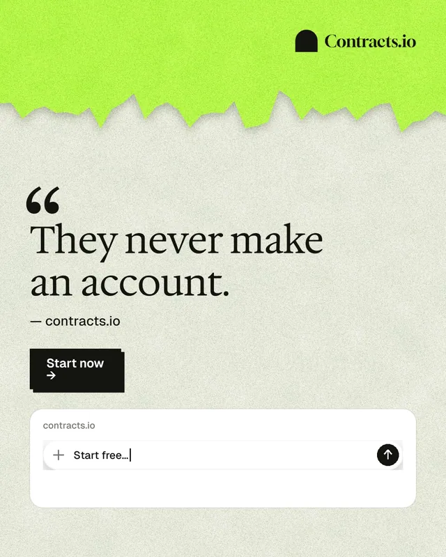 Instagram portrait post for contracts.io: "They never make an account." Paper trio style, quote layout, light palette in green, white, grey.
