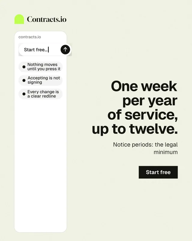 Instagram portrait post for contracts.io: "One week per year of service, up to twelve." Swiss style, right layout, light palette in white, grey.