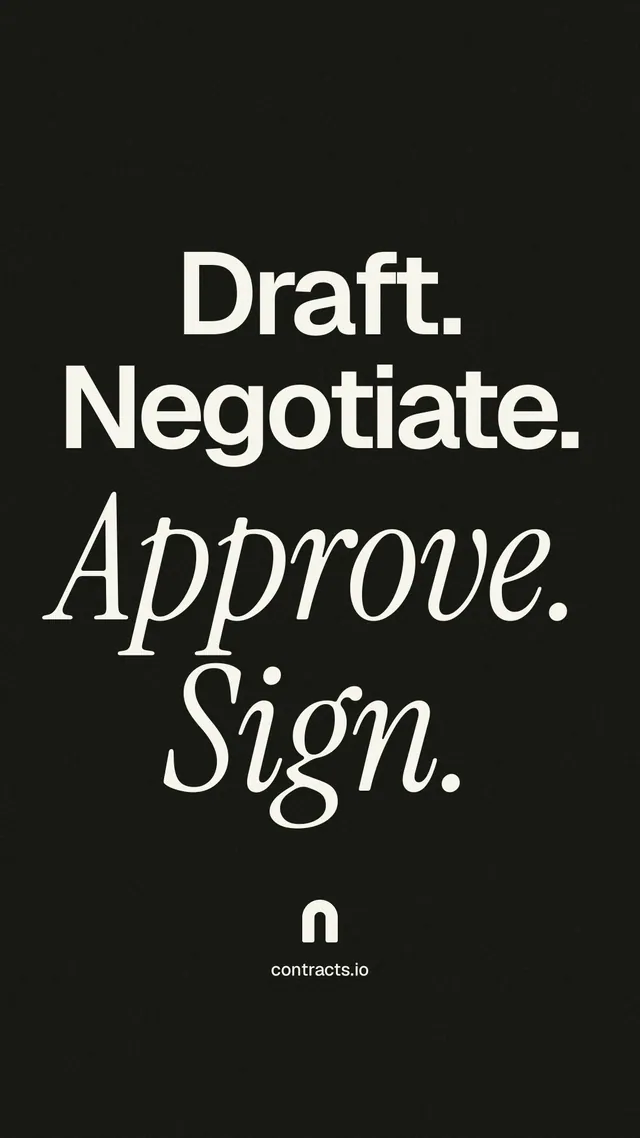 Instagram story for contracts.io: "Draft. Negotiate. Approve. Sign." Poster style, technique:mixed type lockup layout, dark palette in black, grey.