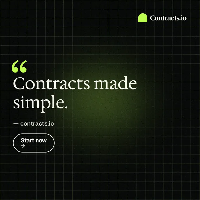 Instagram post for contracts.io: "Contracts made simple." Phosphor atlas style, quote layout, dark palette in black, green.