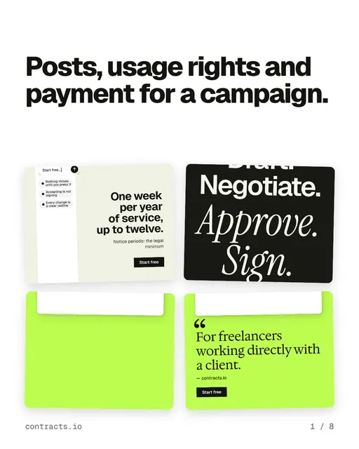 Carousel for contracts.io: "Posts, usage rights and payment for a campaign.". Collection carousel, 8 slides, light palette.