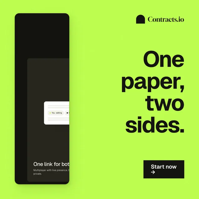 Instagram post for contracts.io: "One paper, two sides." Swiss style, right layout, light palette in green, black.