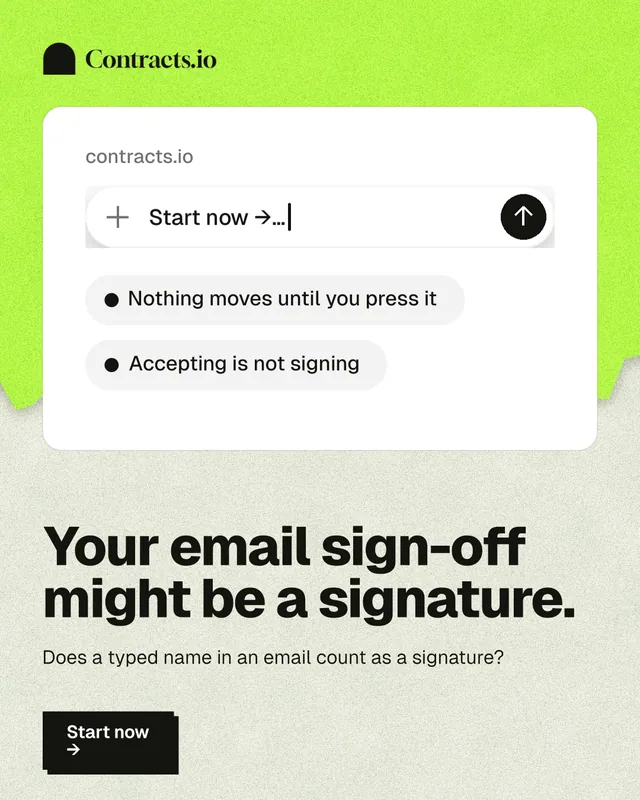 Instagram portrait post for contracts.io: "Your email sign-off might be a signature." Paper trio style, bottom layout, light palette in white, green, grey.