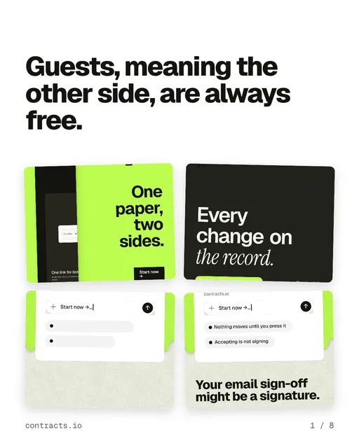 Carousel for contracts.io: "Guests, meaning the other side, are always free.". Collection carousel, 8 slides, light palette.