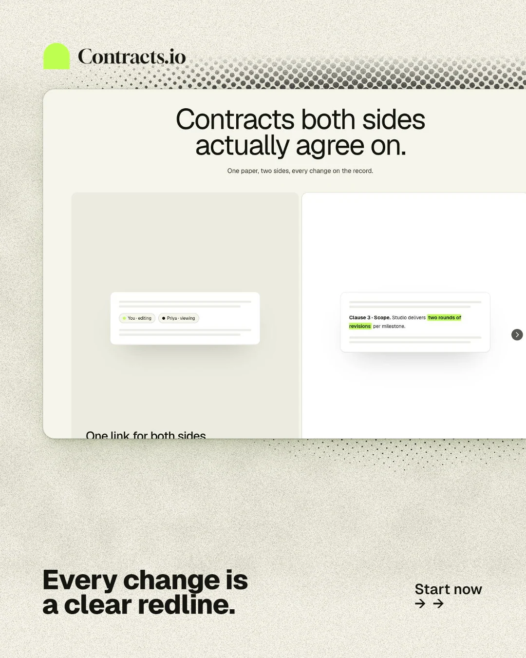 Instagram portrait post for contracts.io: "Every change is a clear redline." Ink sticker style, image led layout, light palette in yellow, white, grey.
