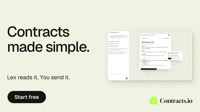 Landscape graphic for contracts.io: "Contracts made simple." Data card style, bottom layout, light palette in white.