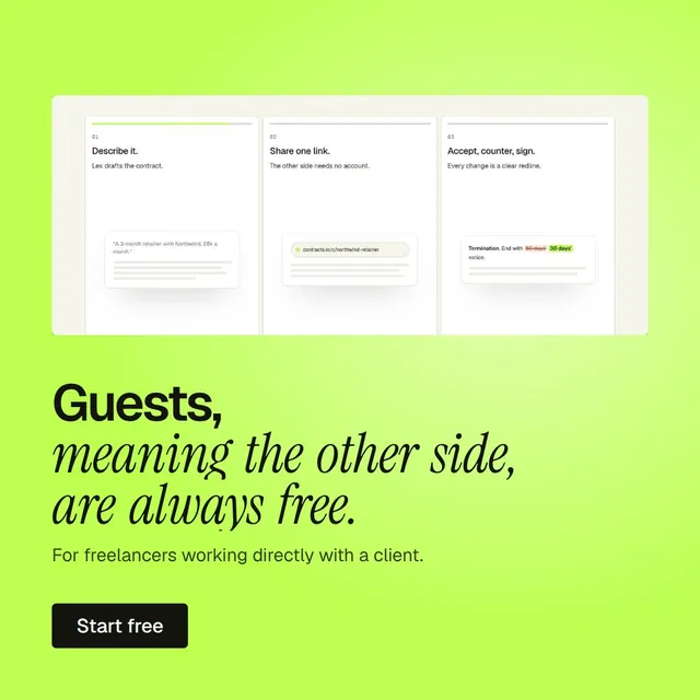 Video for contracts.io: "Guests, meaning the other side, are always free.". Doc motion loop, 7.0 s, light palette.