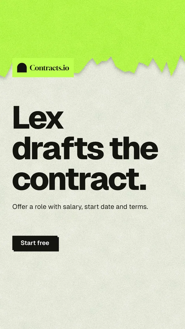 Instagram story for contracts.io: "Lex drafts the contract." Paper trio style, announce layout, light palette in green, grey.