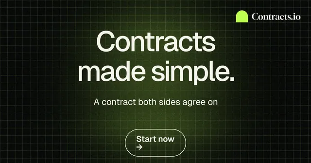 Social ad for contracts.io: "Contracts made simple." Phosphor atlas style, centred layout, dark palette in black, grey.