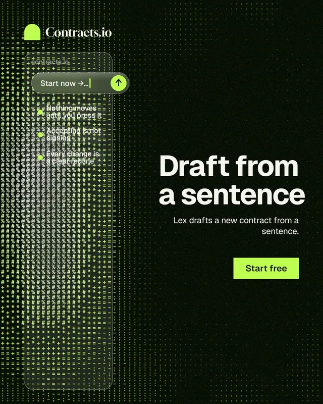 Instagram portrait post for contracts.io: "Draft from a sentence". Swiss style, right layout, dark palette in black, grey, green.