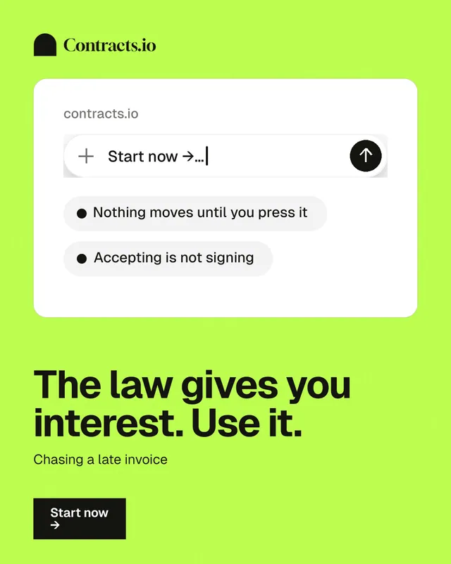 Instagram portrait post for contracts.io: "The law gives you interest. Use it." Swiss style, bottom layout, light palette in green, white.