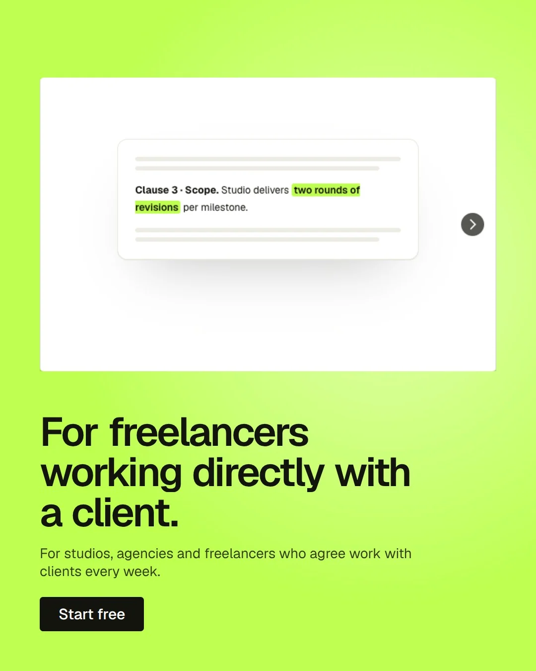 Video for contracts.io: "For freelancers working directly with a client.". Doc motion loop, 7.0 s, light palette.