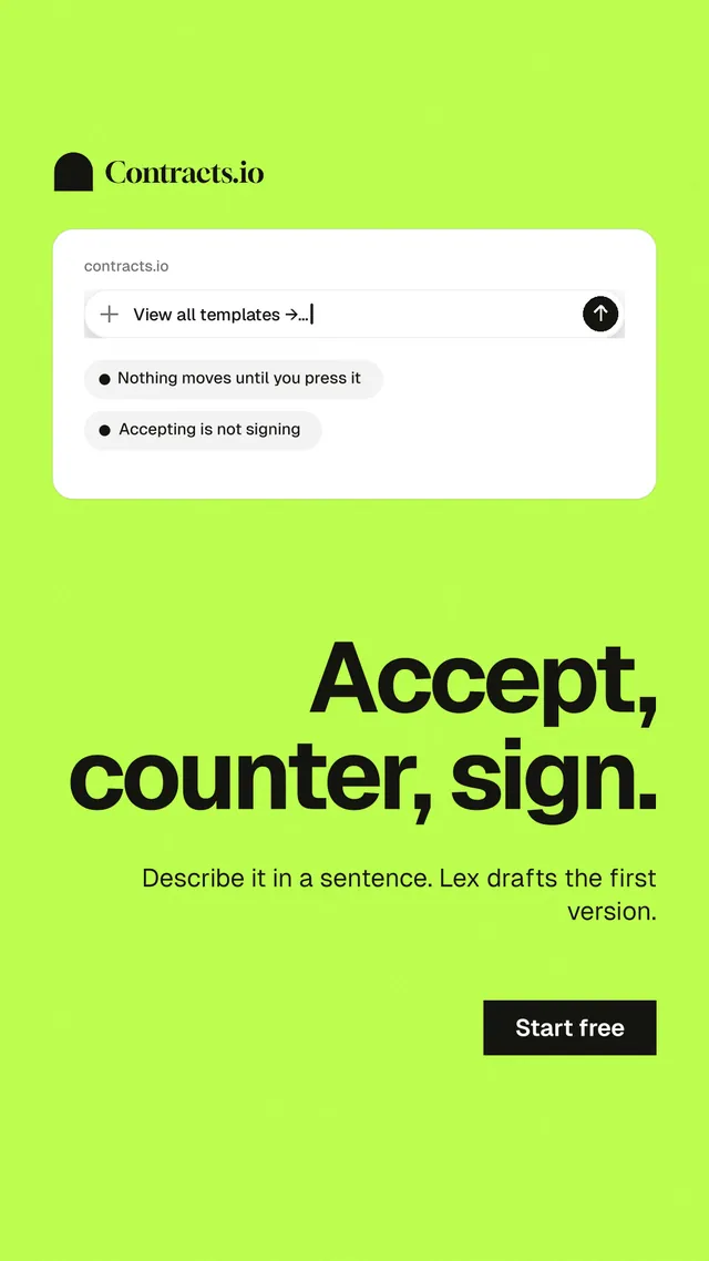 Instagram story for contracts.io: "Accept, counter, sign." Swiss style, right layout, light palette in green, white.