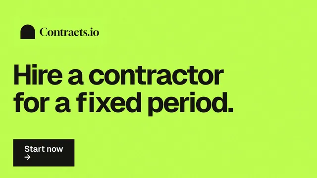 Landscape graphic for contracts.io: "Hire a contractor for a fixed period." Swiss style, announce layout, light palette in green.
