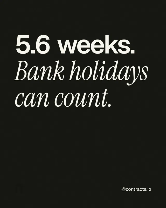 Instagram portrait post for contracts.io: "5.6 weeks. Bank holidays can count." Editorial style, technique:mixed type lockup layout, dark palette in black, grey.