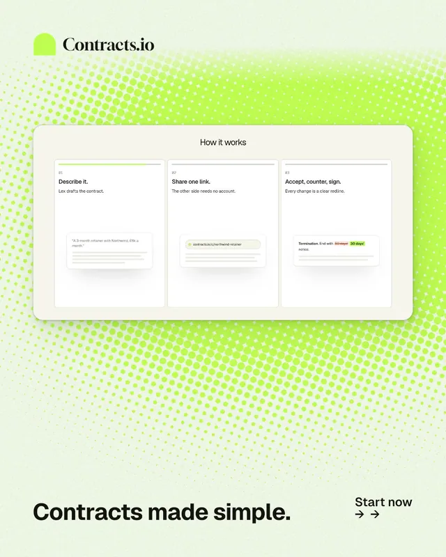 Instagram portrait post for contracts.io: "Contracts made simple." Swiss style, image led layout, light palette in white, green.
