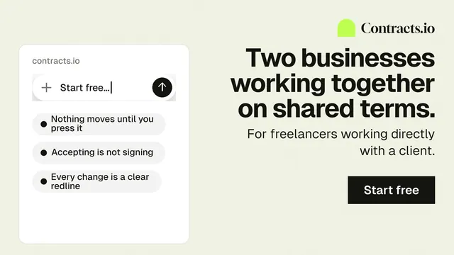 Landscape graphic for contracts.io: "Two businesses working together on shared terms." Swiss style, right layout, light palette in white, grey.