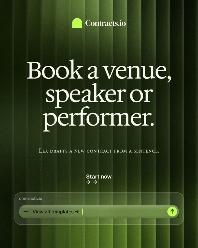 Instagram portrait post for contracts.io: "Book a venue, speaker or performer." Swiss style, smallcaps layout, dark palette in black, green.