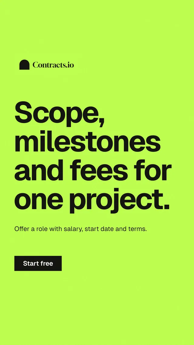 Instagram story for contracts.io: "Scope, milestones and fees for one project." Swiss style, announce layout, light palette in green.