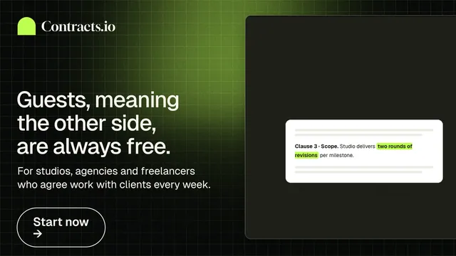 Landscape graphic for contracts.io: "Guests, meaning the other side, are always free." Phosphor atlas style, bottom layout, dark palette in black, green.