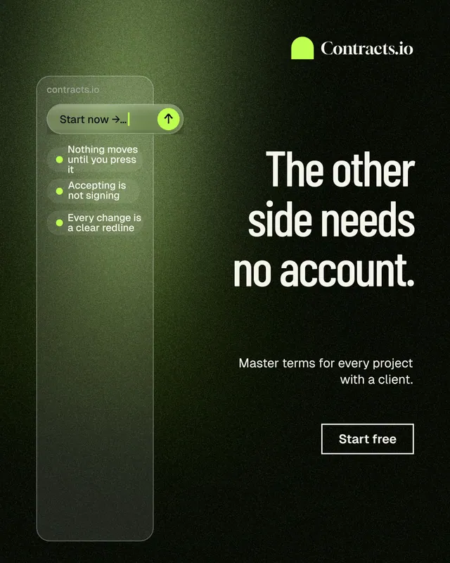 Instagram portrait post for contracts.io: "The other side needs no account." Dark deco style, right layout, dark palette in green, black, grey.