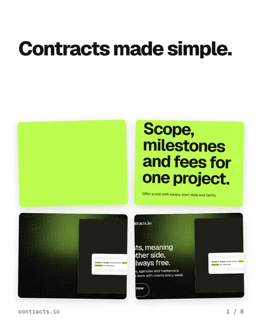 Carousel for contracts.io: "Contracts made simple.". Collection carousel, 8 slides, light palette.