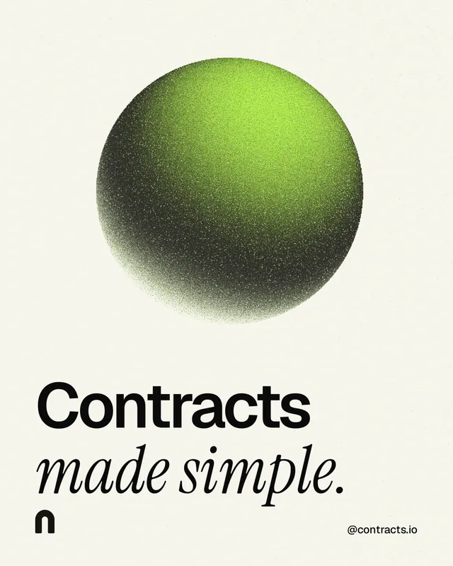 Instagram portrait post for contracts.io: "Contracts made simple." Auto 4x5 style, technique:shader field layout, light palette in white, grey.