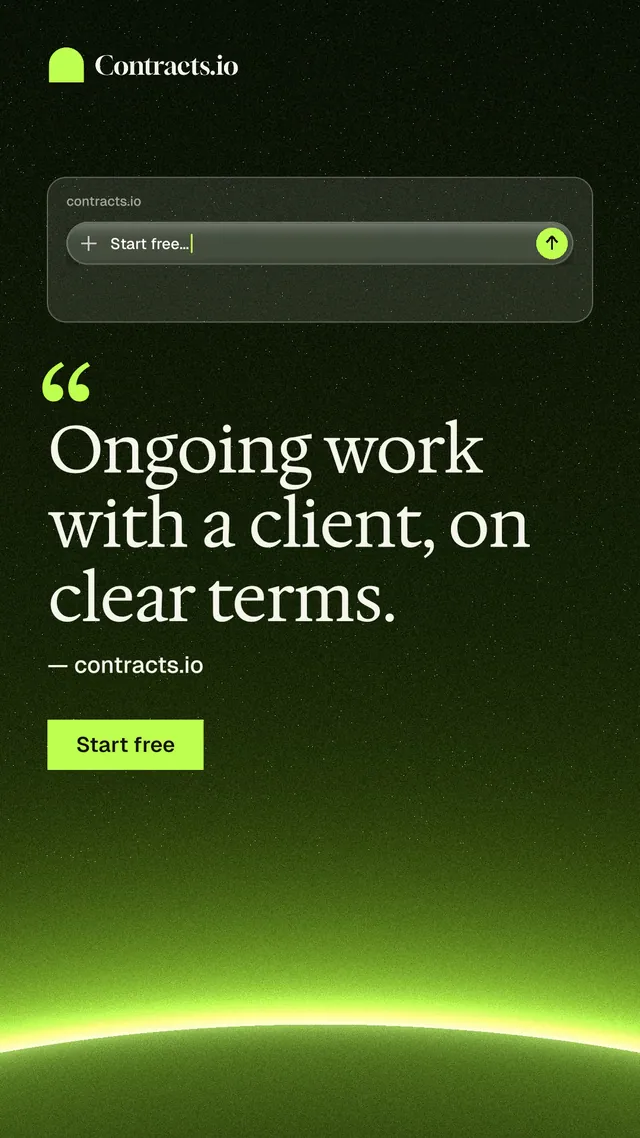 Instagram story for contracts.io: "Ongoing work with a client, on clear terms." Swiss style, quote layout, dark palette in black, green.