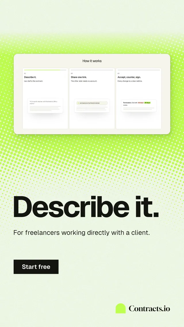 Instagram story for contracts.io: "Describe it." Swiss style, bottom layout, light palette in white, green.
