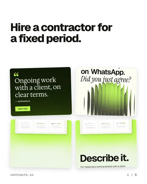 Carousel for contracts.io: "Hire a contractor for a fixed period.". Collection carousel, 8 slides, light palette.