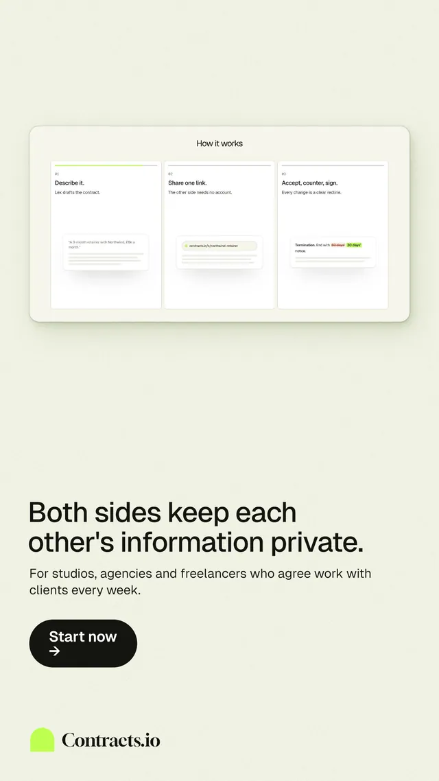 Instagram story for contracts.io: "Both sides keep each other's information private." Data card style, bottom layout, light palette in white.