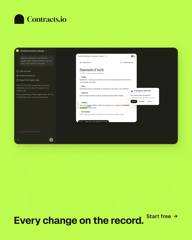 Instagram portrait post for contracts.io: "Every change on the record." Swiss style, image led layout, light palette in green.