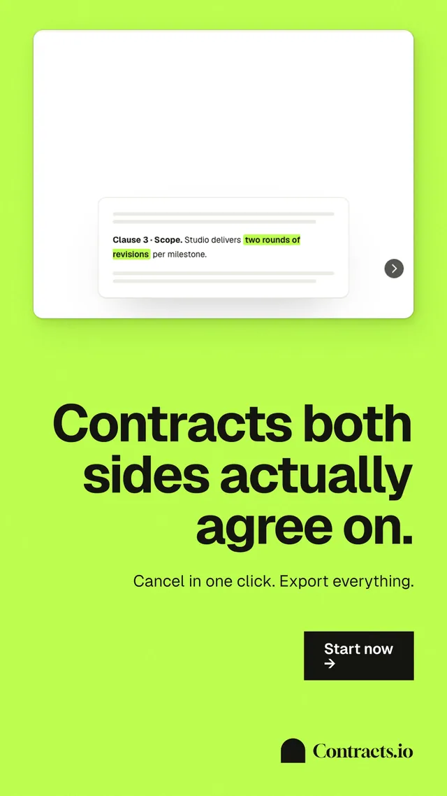 Instagram story for contracts.io: "Contracts both sides actually agree on." Swiss style, right layout, light palette in green, white.