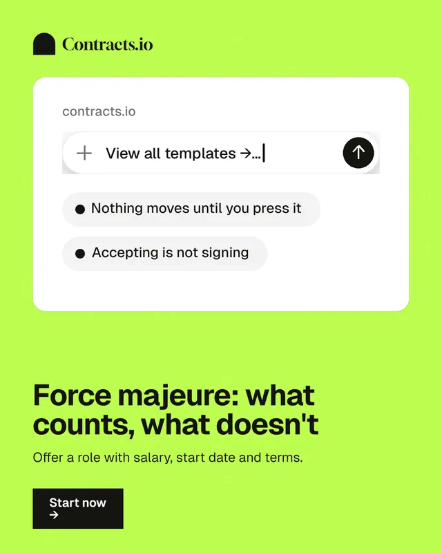 Instagram portrait post for contracts.io: "Force majeure: what counts, what doesn't". Swiss style, bottom layout, light palette in white, green.