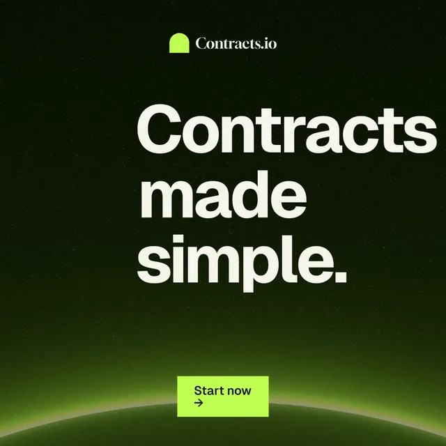 Instagram post for contracts.io: "Contracts made simple." Swiss style, centred layout, dark palette in black, green.