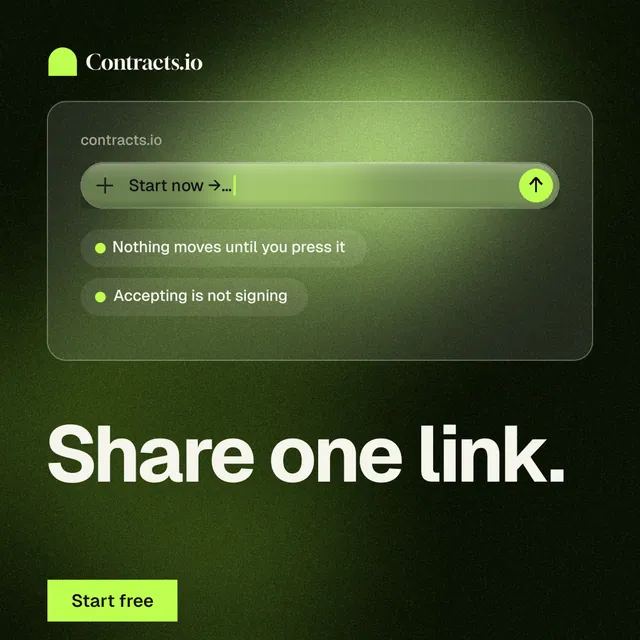 Instagram post for contracts.io: "Share one link." Swiss style, bottom layout, dark palette in green, black.