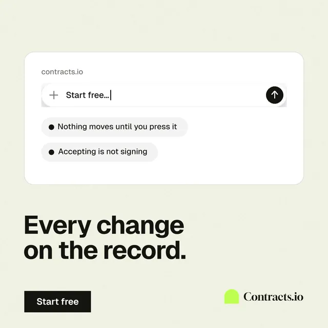 Instagram post for contracts.io: "Every change on the record." Swiss style, bottom layout, light palette in white, grey.