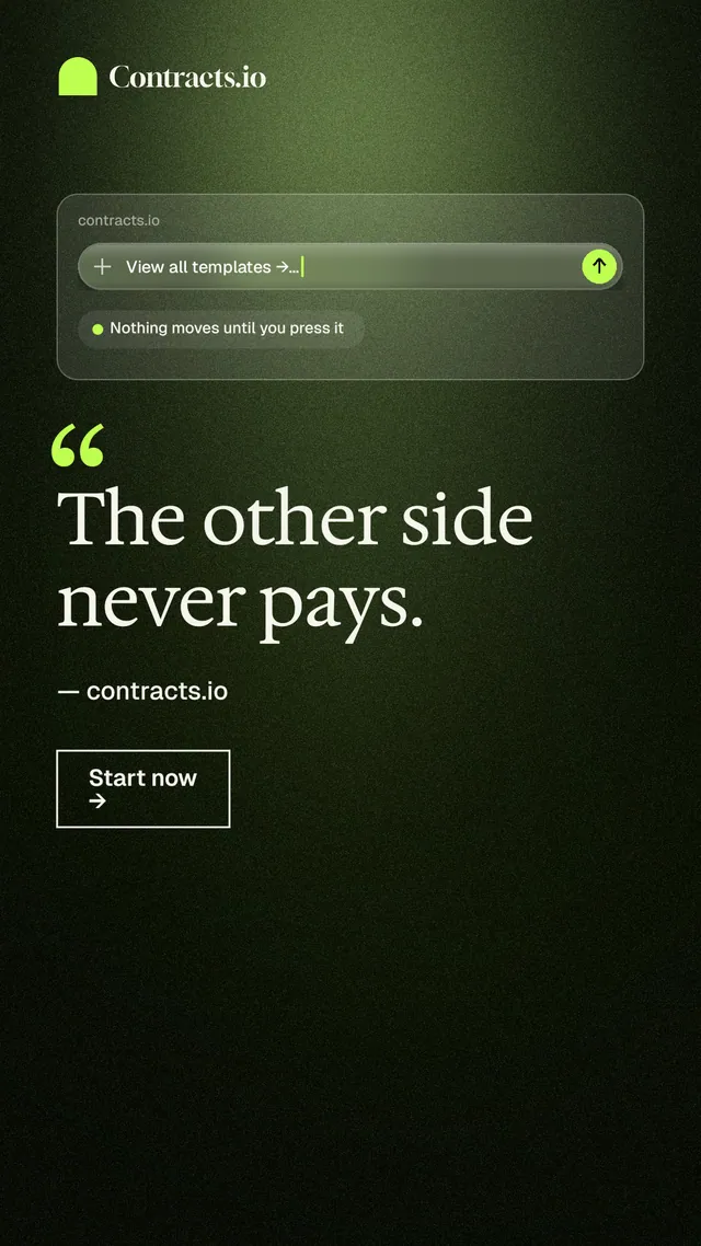 Instagram story for contracts.io: "The other side never pays." Dark deco style, quote layout, dark palette in green, black.