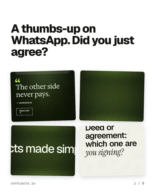 Carousel for contracts.io: "A thumbs-up on WhatsApp. Did you just agree?". Collection carousel, 8 slides, light palette.