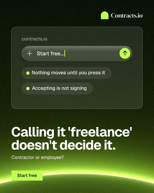 Instagram portrait post for contracts.io: "Calling it 'freelance' doesn't decide it." Swiss style, bottom layout, dark palette in green, black.