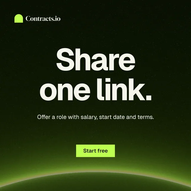 Instagram post for contracts.io: "Share one link." Swiss style, centred layout, dark palette in black, green.