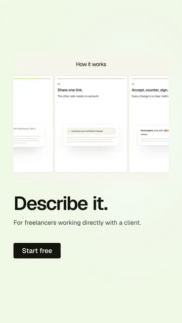 Video for contracts.io: "Describe it.". Doc motion loop, 6.0 s, light palette.