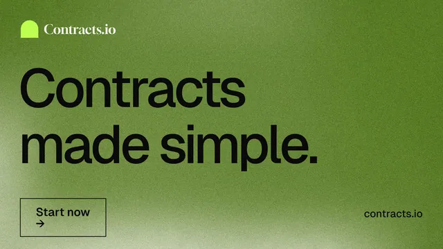 Landscape graphic for contracts.io: "Contracts made simple." Cyanotype style, poster layout, light palette in green.